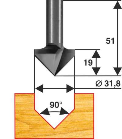 Фреза пазовая галтельная  V-обр 90° ф31,8мм, хв 8мм Энкор 28049 (L1-51 мм, L2-19 мм, D1-31.8 мм, D2- мм)