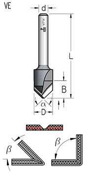 Фреза WPW VE13505 паз V 135 гр. для гибки Alucobond D18 B15,5 хвостовик 8 (L1-57 мм, L2- мм, D1-15.5 мм, D2-8 мм)