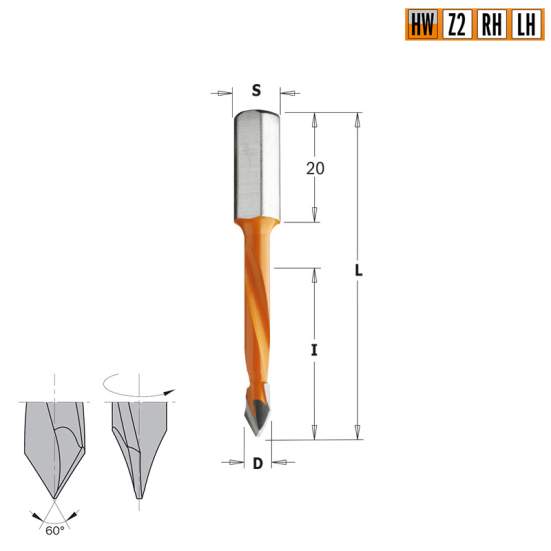 Сверло HW для присадочного станка 8x30x56 Z=2 S=8x20 RH CMT 367.080.11