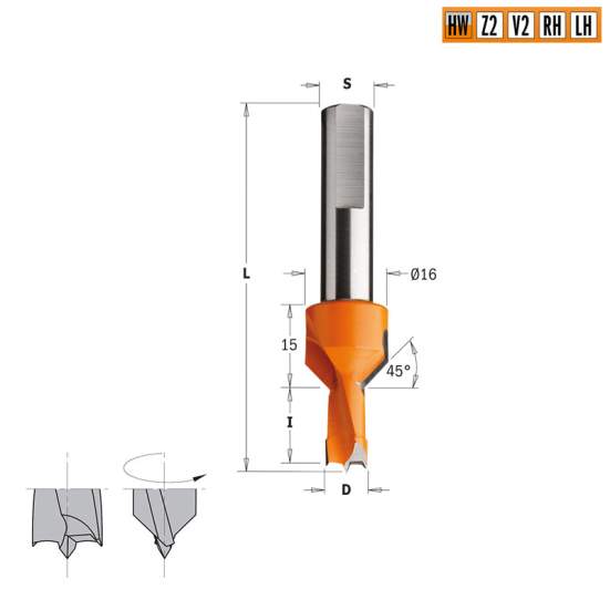 Сверло HW для присадочного станка 8x13x70 Z=2+2 S=10x40 LH CMT 377.083.12