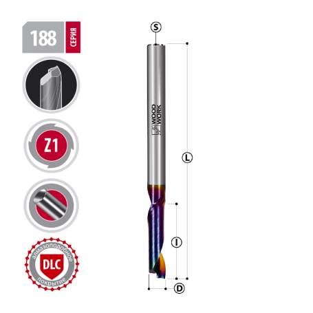 Фреза по алюминию 8х100х8 Z1 Woodwork 188.080.10 (L1-8 мм, L2-100 мм, D1-8 мм, D2-8 мм)