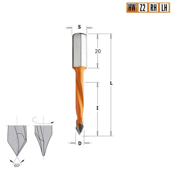 Сверло HW для присадочного станка 7x43x70 Z=2 S=8x20 LH CMT 368.070.12