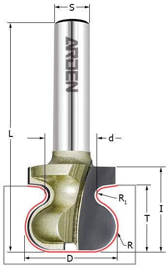 Фреза профильная (Ручка) R=6.35 D=44.45x28.6x68 S=12 ARDEN 502241 (L1-68 мм, L2-28.6 мм, D1-44.45 мм, D2-12 мм)