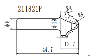 Фреза Классический узор R=4  Z=2 D=19.05x12.7x45 S=8 PROCUT 211821P (L1-45 мм, L2-12.7 мм, D1-19.05 мм, D2-8 мм)