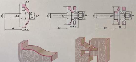 Набор из 3-х фрез для филёнок нижний подшипник Z=2 D=44.8x6.3/32x18.65/32x20 L=32 S=8 PROCUT 409844P (L1- мм, L2- мм, D1- мм, D2-8 мм)