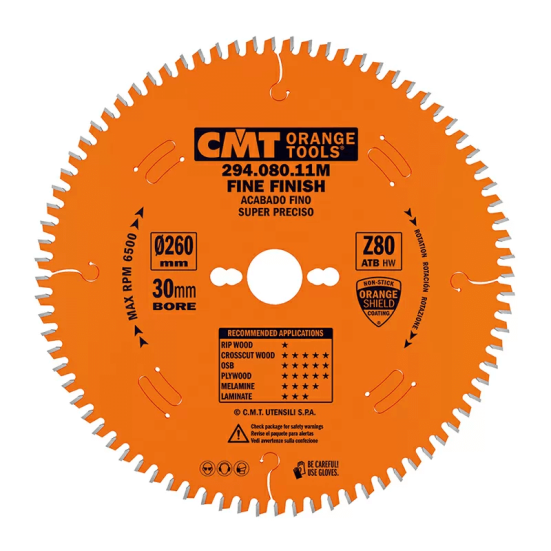 Диск пильный 260x30x2,5/1,8 Z=80 10°ATB -5° NEG CMT 294.080.11M