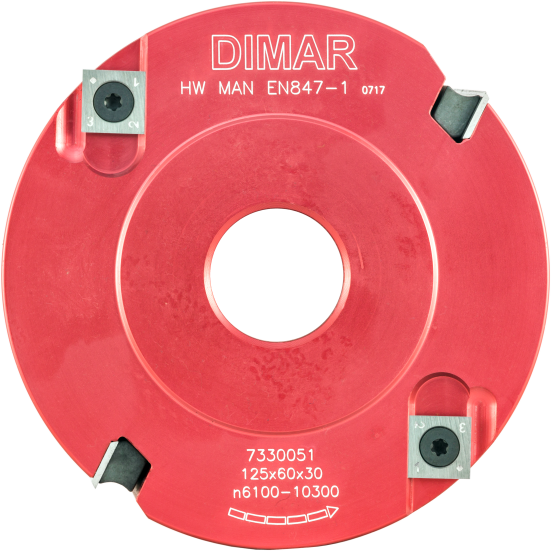 Фреза насадная Dimar 7330051 четвертные чистый рез четверть 60x27мм D125 aluminum Z2+4 корпус алюминий сменные ножи посадка 30 (L1- мм, L2-60 мм, D1-125 мм, D2-30 мм)