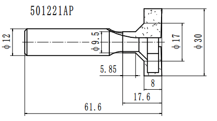 Фреза (Т-образный паз) Z=2 D=30/9.5x17.6x8 (L=60) S=12 PROCUT 501221AP (L1-8 мм, L2-17.6 мм, D1-30 мм, D2-12 мм)