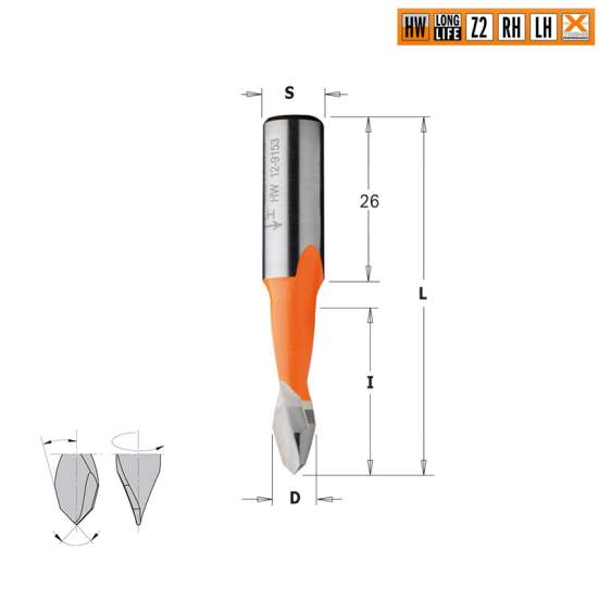 Сверло HW для присадочного станка 8x27x57,5 Z=2 S=10x26 LH CMT 313.080.42