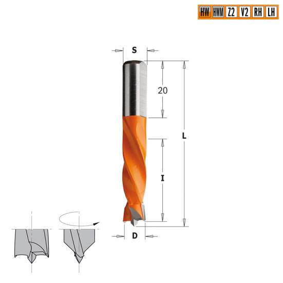 Сверло HW для присадочного станка 14x30x57,5 Z=2+2 S=10x20 RH CMT 308.140.11
