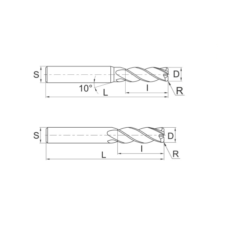 Фреза спиральная по металлу Z4 с радиусом DJTOL DPR4-2-02 (L1-50 мм, L2-6 мм, D1-2 мм, D2-4 мм)