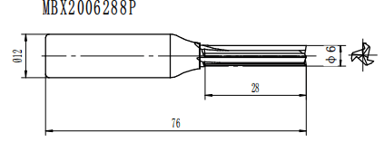 Фреза пазовая монолитная усиленная "Х2" Z=3 D=6x28x78 S=12 PROCUT MBX2006288P (L1-78 мм, L2-28 мм, D1-6 мм, D2-12 мм)