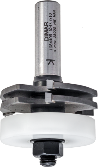 Фреза комплект Dimar 1084409 шип-паз для акрилового камня толщиной 6-10 мм D47,7x10 L76,2 подшипник пластик, хвостовик 12 (L1-76.2 мм, L2-10 мм, D1-47.7 мм, D2-12 мм)