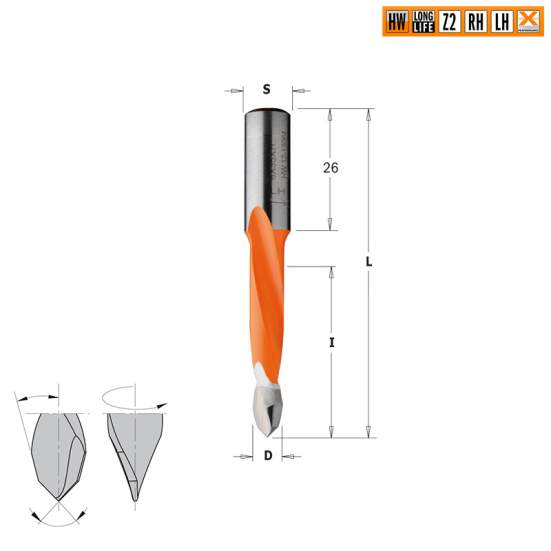 Сверло HW для присадочного станка 5x35x70 Z=2 S=10x26 LH CMT 314.050.42