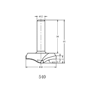 Фреза алмазная филёночная TD-614 D=46x11x65 S=12 Rotis 614612.01 (L1-65 мм, L2-11 мм, D1-46 мм, D2-12 мм)