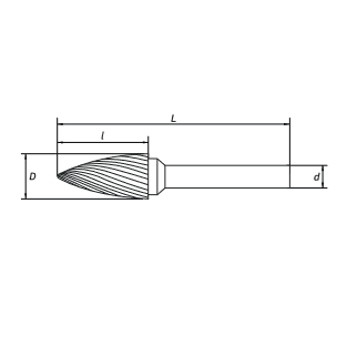 Борфреза параболическая с точечным торцом G 05х13 M03 одинарная насечка RODMIX 2705130301 (L1- мм, L2-13 мм, D1-5 мм, D2-3 мм)