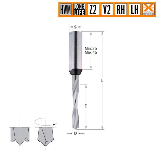 Сверло HWM для присадочного станка 5x30x70 Z=2+2 S=10x30 LH CMT 311.050.22