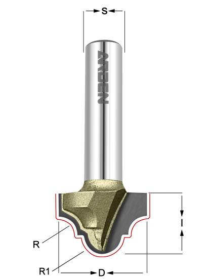 Фреза Классический узор R=4  Z=2 D=19.05x12.7x45 S=8 ARDEN 211821 (L1-45 мм, L2-12.7 мм, D1-19.05 мм, D2-8 мм)