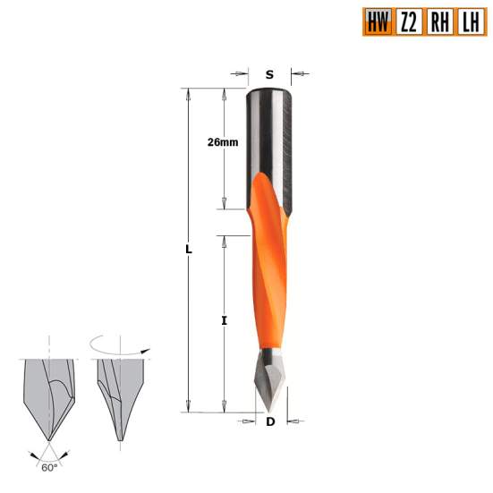 Сверло HW для присадочного станка 8x35x70 Z=2 S=10x26 LH CMT 314.080.12