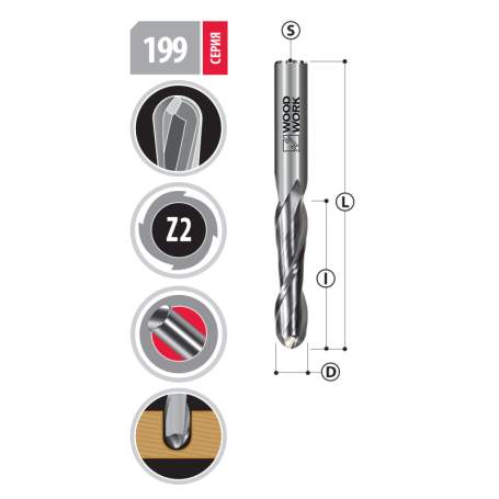 Фреза 8х32х60 Z=2 Up Cut R=4,0 DLC Woodwork 199.3260.8D (L1-60 мм, L2-32 мм, D1-8 мм, D2-8 мм)